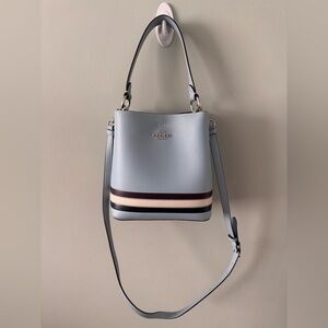 Coach Small Town Bucket Blue Pebble Leather Stripe Women Crossbody Shoulder Bag